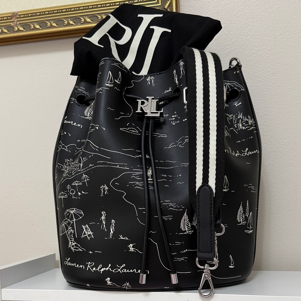 Ralph Lauren Black Bucket Bag with White Seaside Sketch